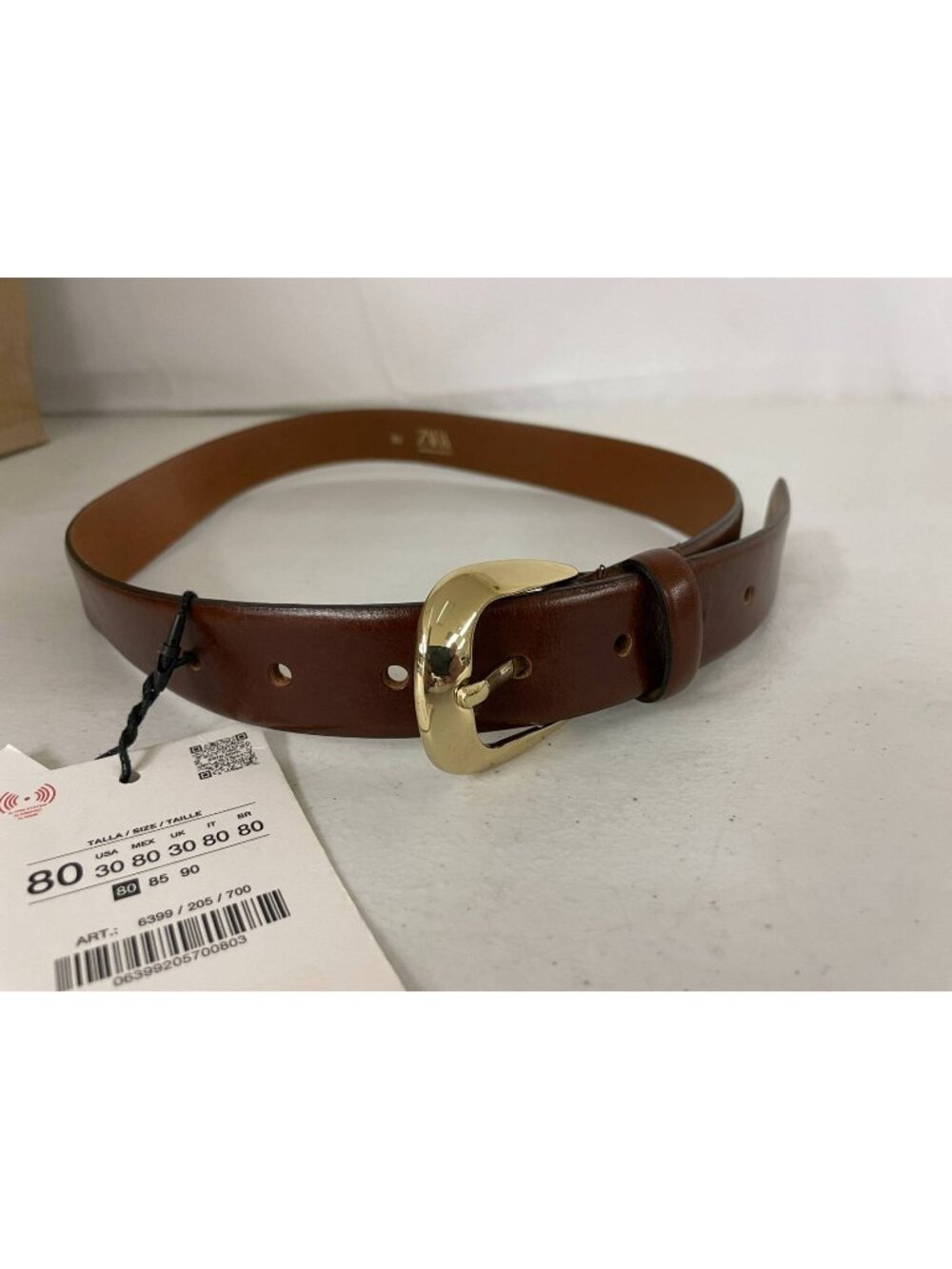 Zara Brown Leather Belt Gold Tone Buckle EU 80 US 30 New With Tags